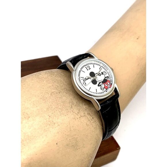 Disney Women\'s Watch Mickey Mouse Silver Dial Quartz Black Leather Band 27mm